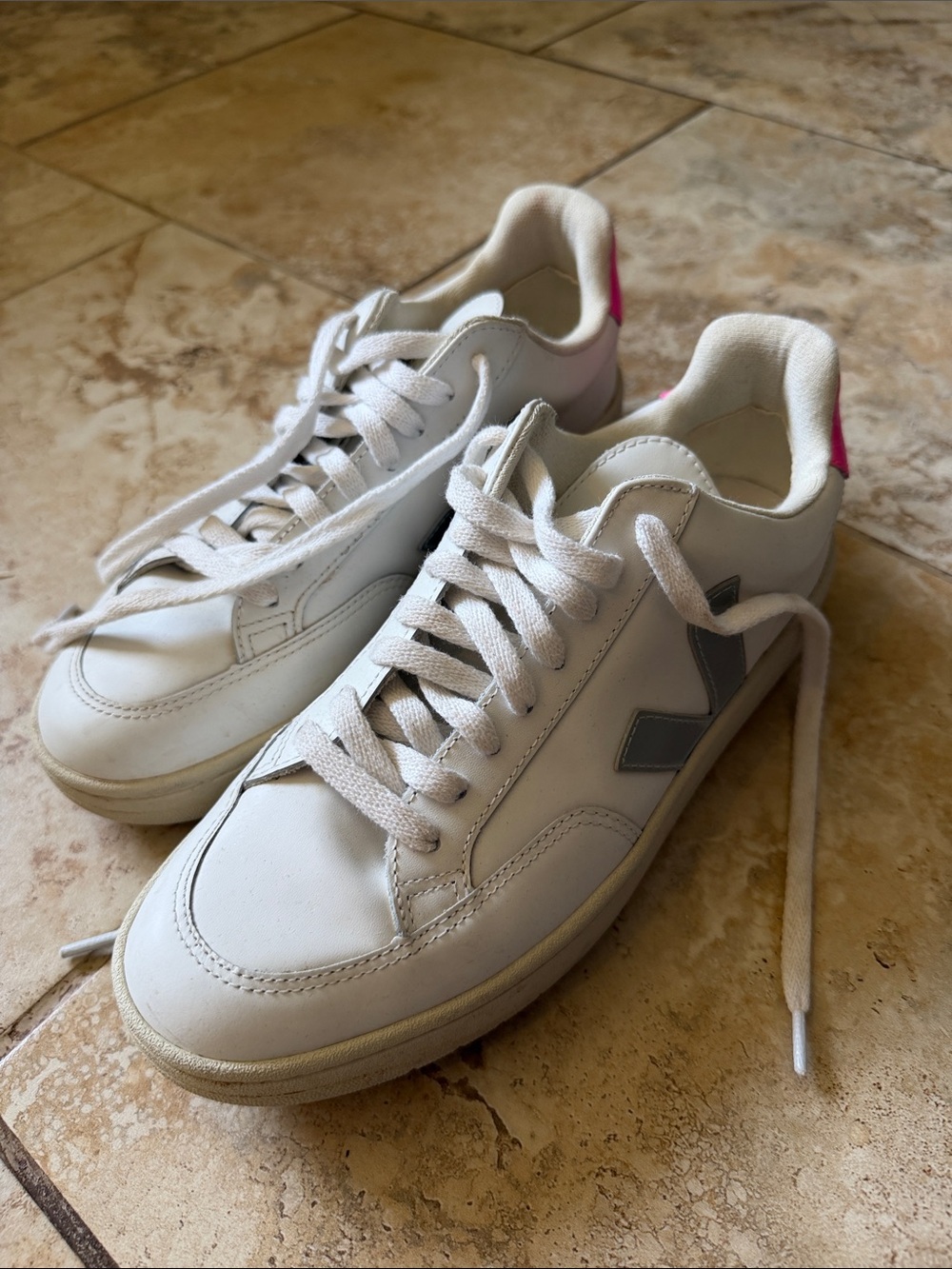 Veja White Leather Sneakers with Gray V Logo and Pink Heel